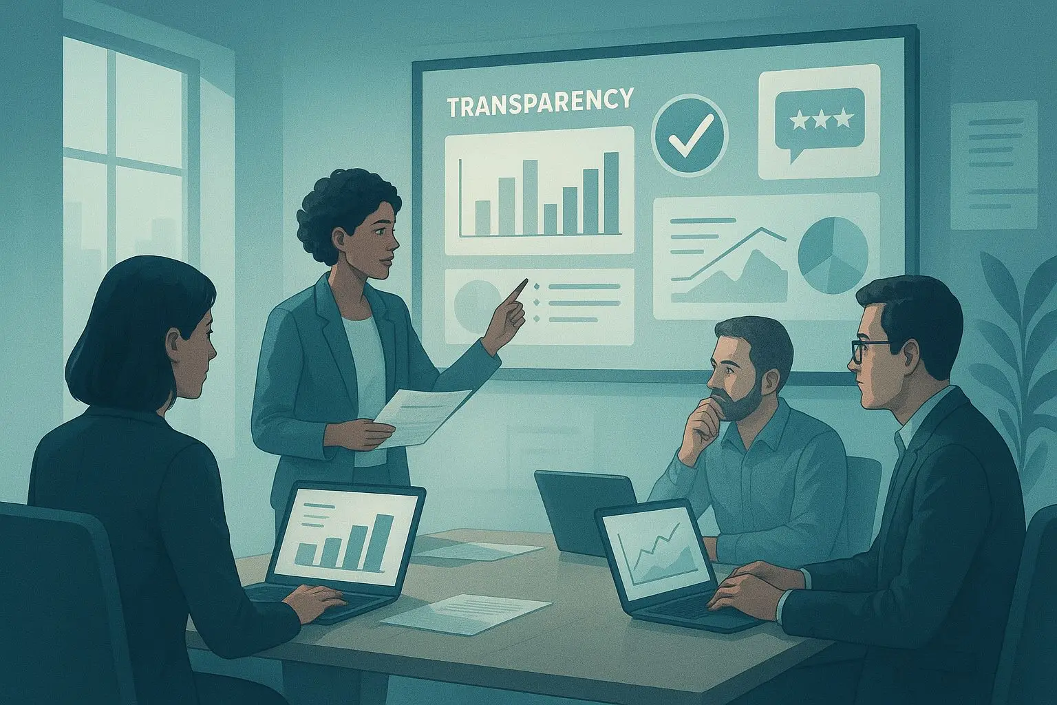 Team reviewing feedback and analytics for transparent editorial work