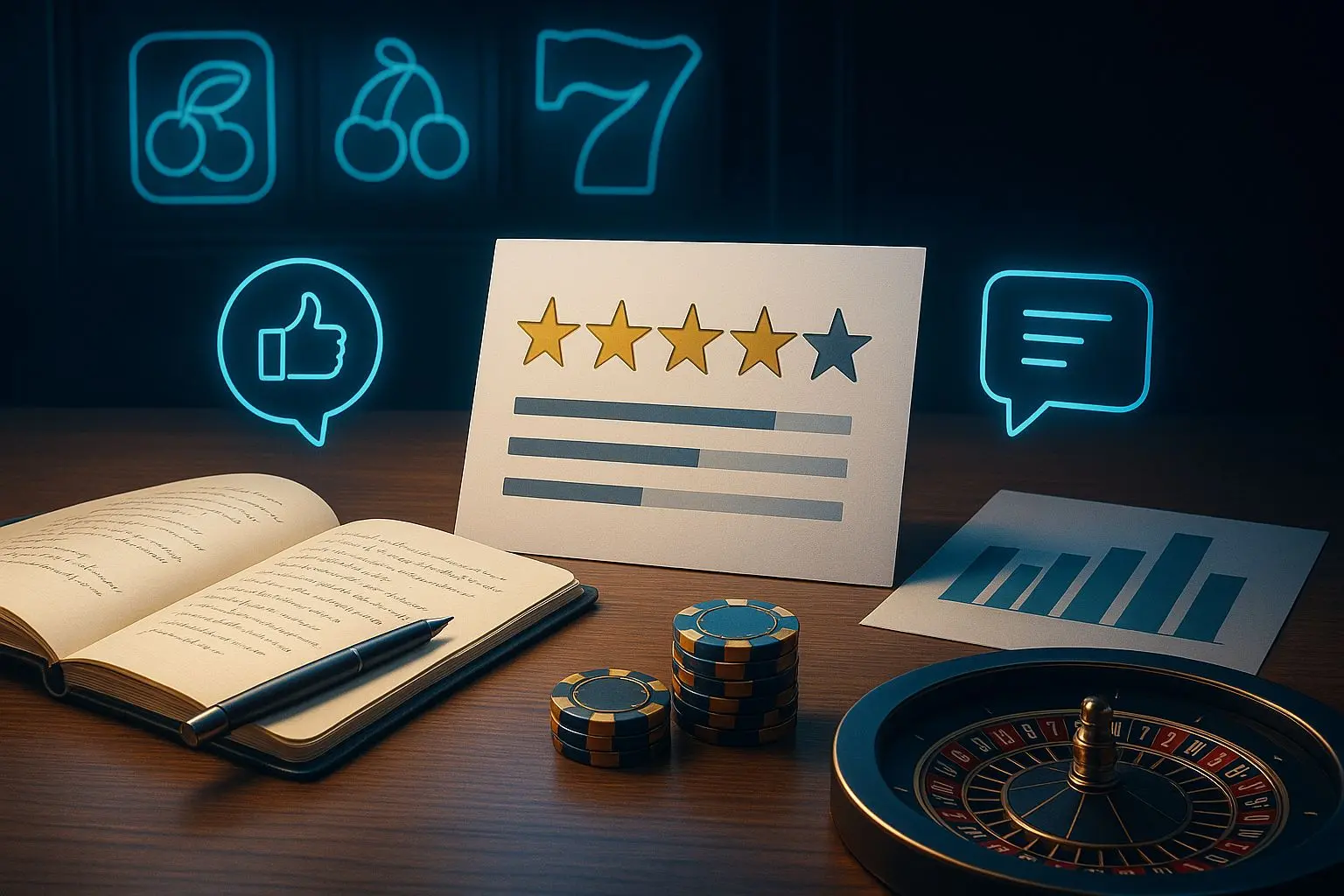 Neutral review-themed banner with gaming elements and analytics visuals