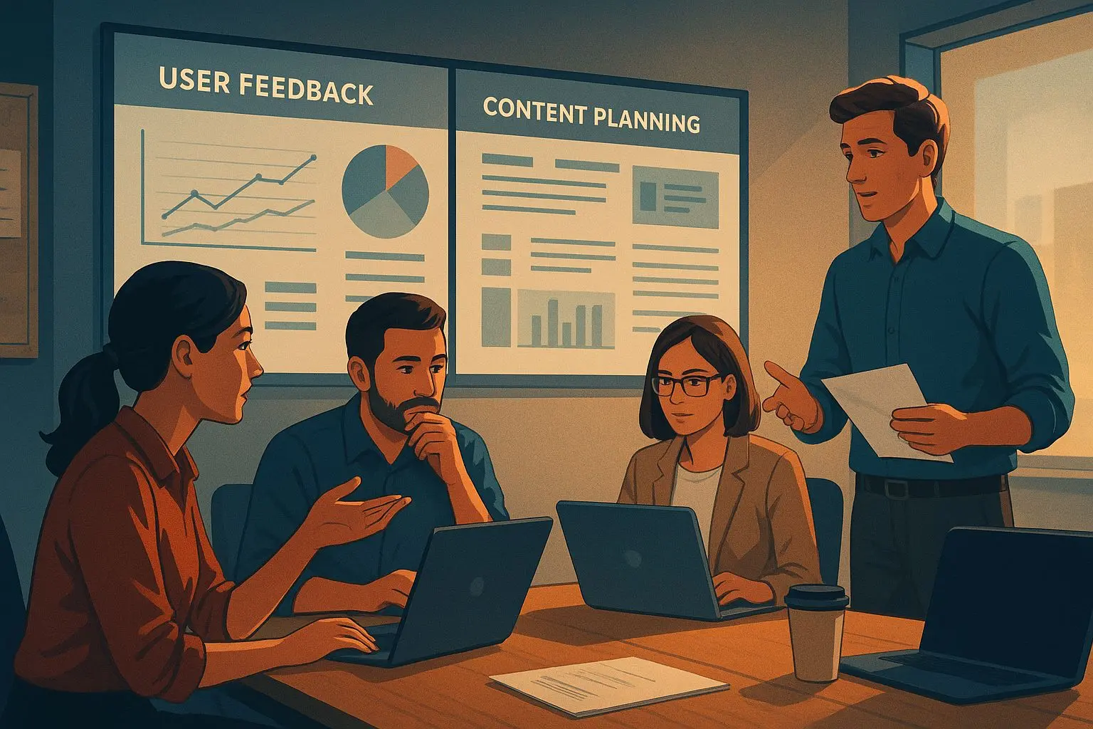 Editorial team working on review analysis and user feedback