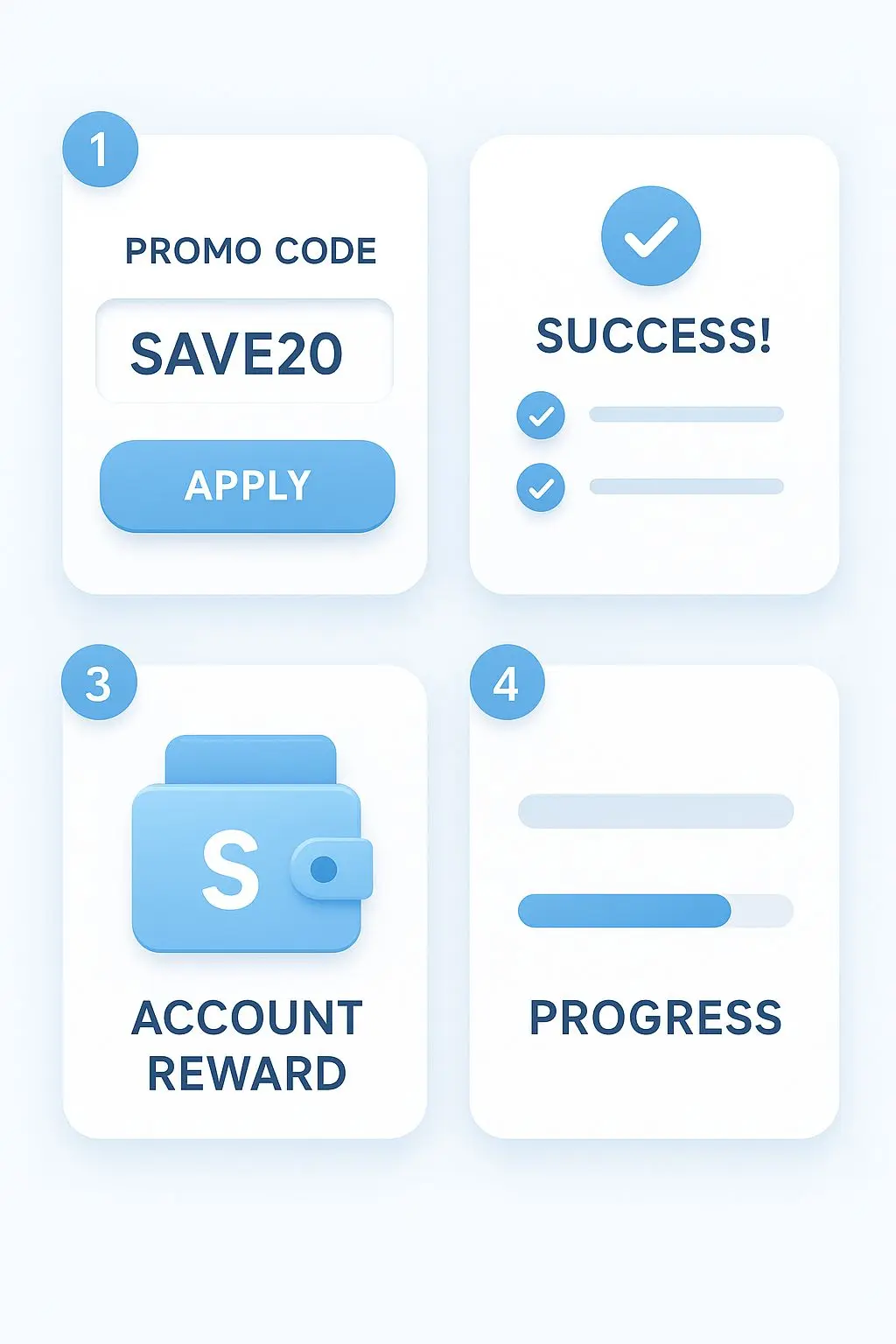 Illustration of entering and activating a bonus code step by step