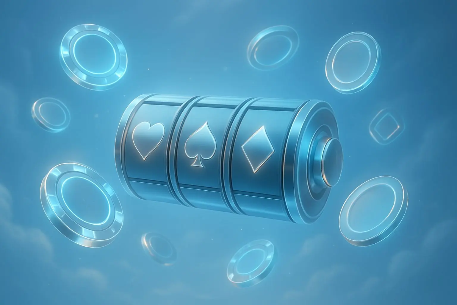 Sky-themed promo banner with chips, tokens and slot-style elements