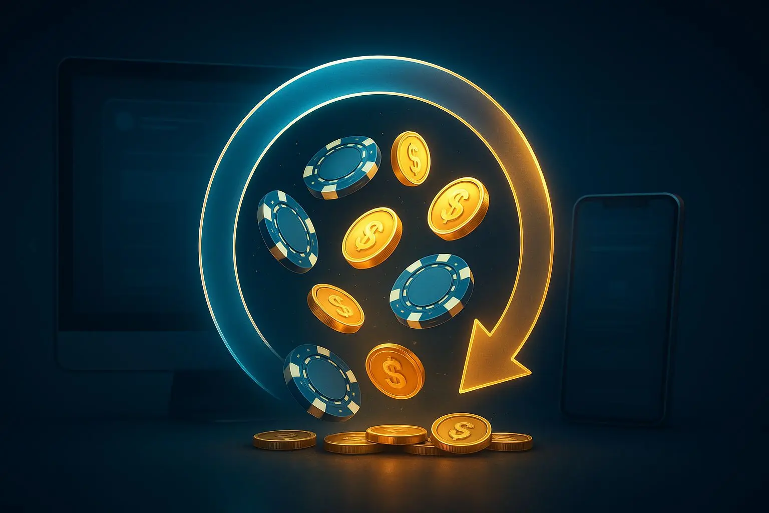 Hero banner showing cashback concept with coins and chips returning to a player