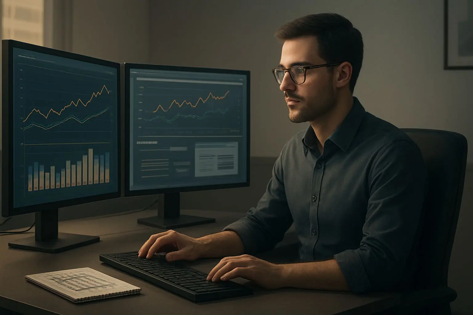 Fictional online gaming expert reviewing casino site data at a desk