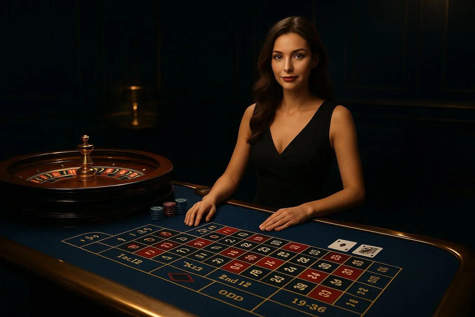 Live dealer table scene with chips, cards and roulette atmosphere