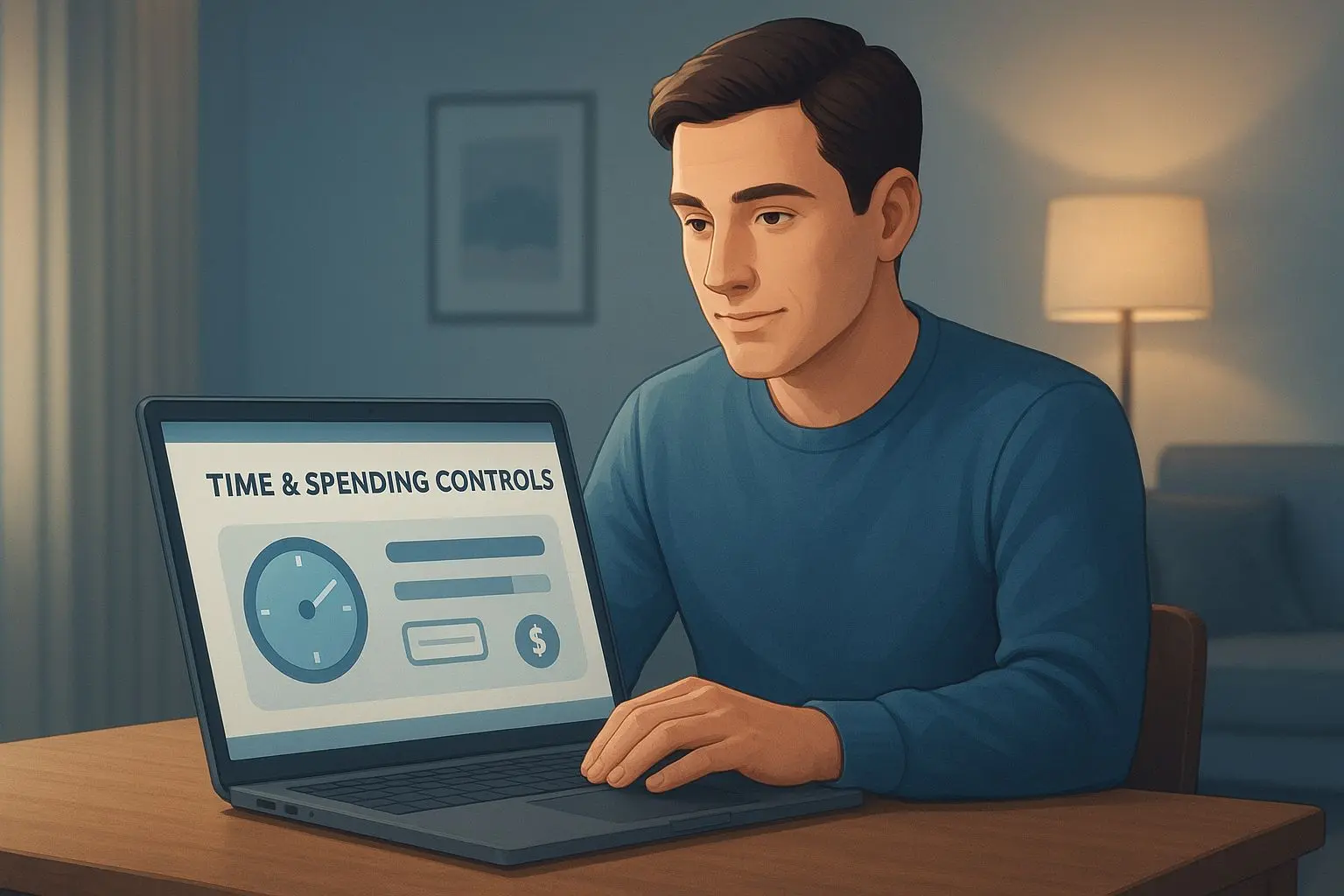 Safe play visual with laptop screen showing time and limit controls