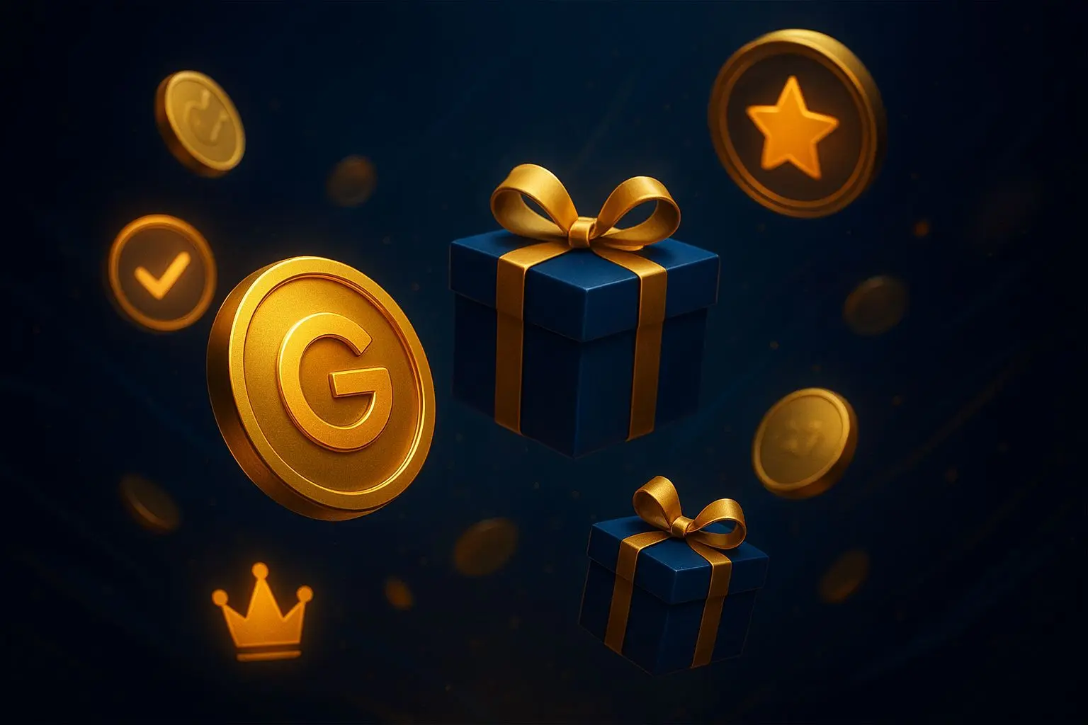 Bonus-themed visual with coins, gift boxes and free spins style elements