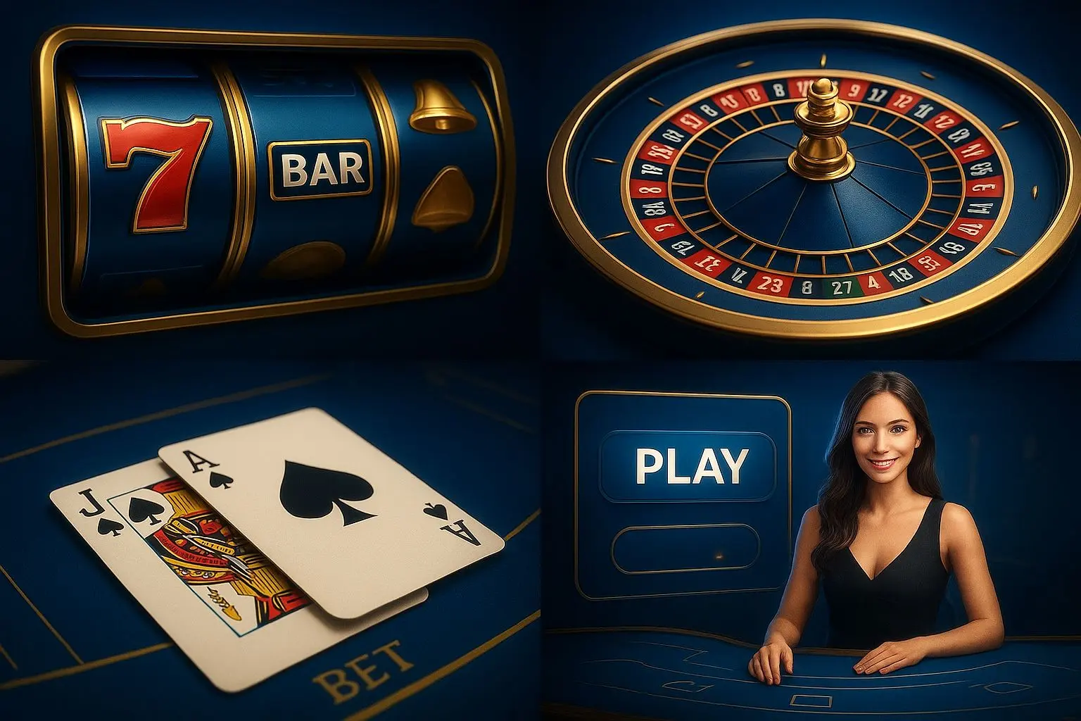 Collage of slots, roulette, blackjack cards and live tables