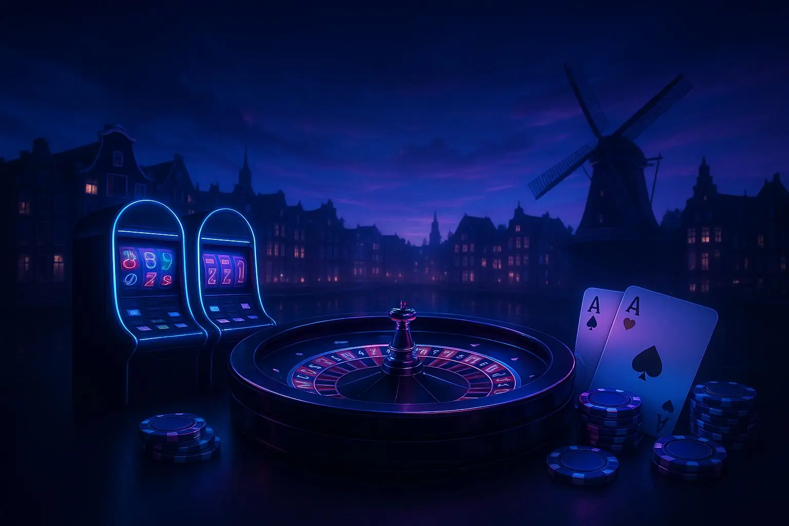 Neon night sky gaming banner with slots, roulette and cards for Sky Casino Nederland theme