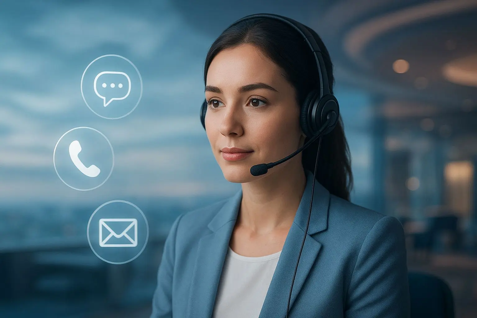 Support-themed banner with headset operator and chat, phone, email icons