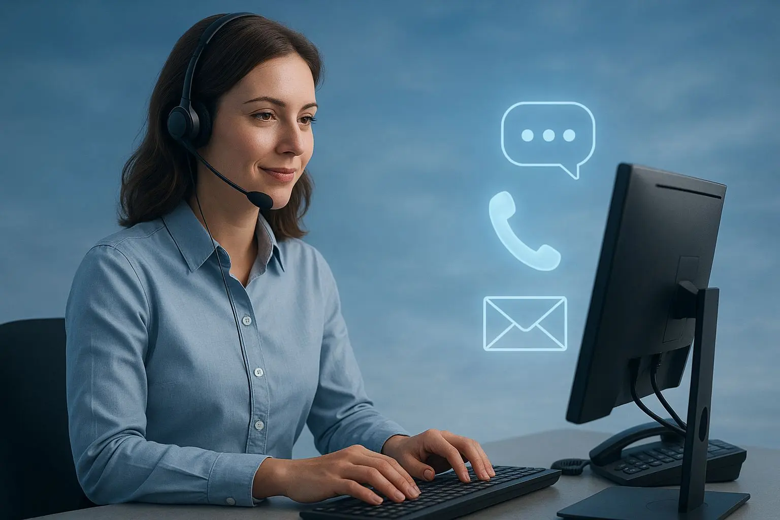 Online support overview with agent, chat, phone and email icons
