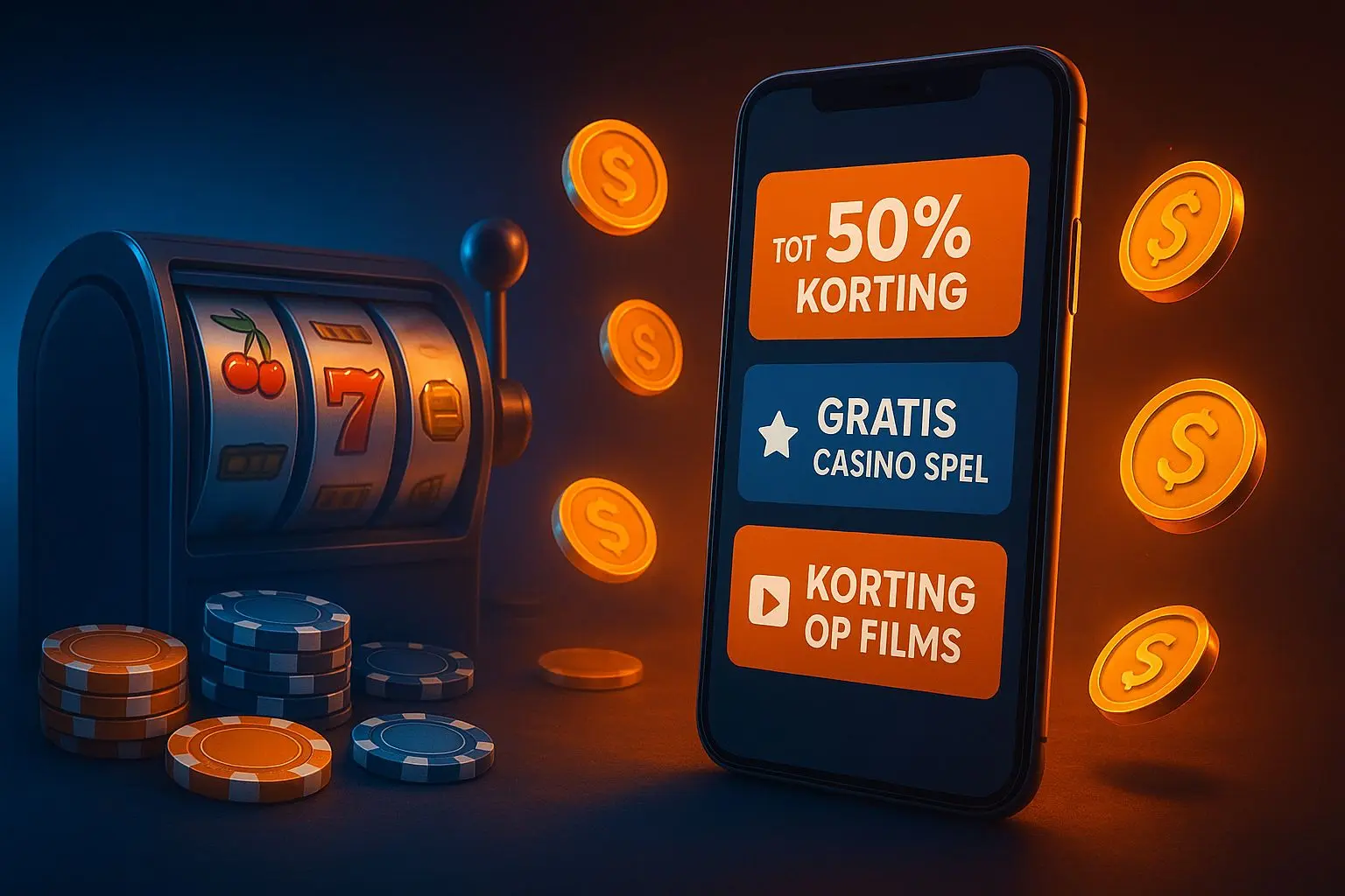 Discount-themed gaming illustration with reels, chips and offers for Dutch players
