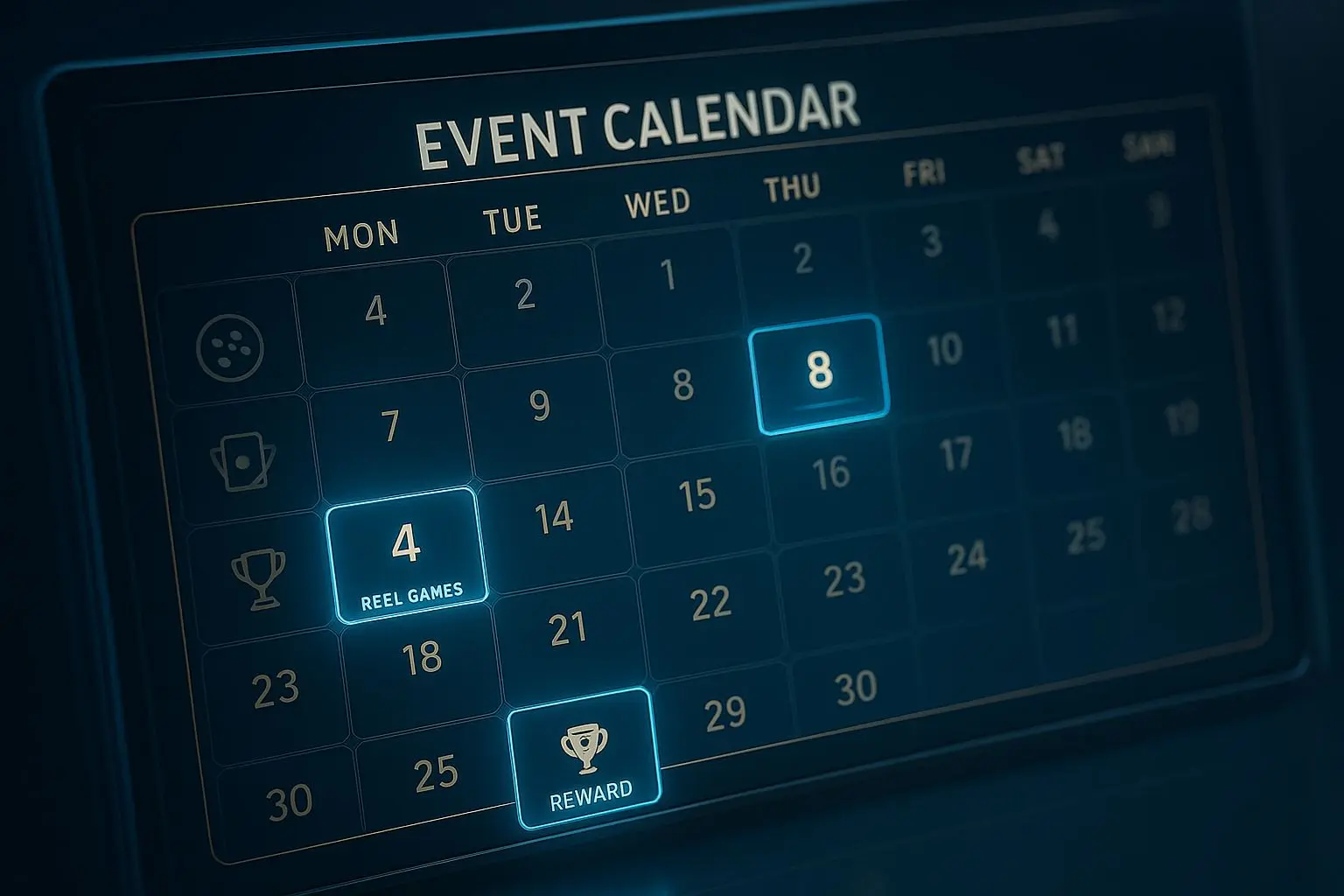Online events calendar with highlighted dates and event icons