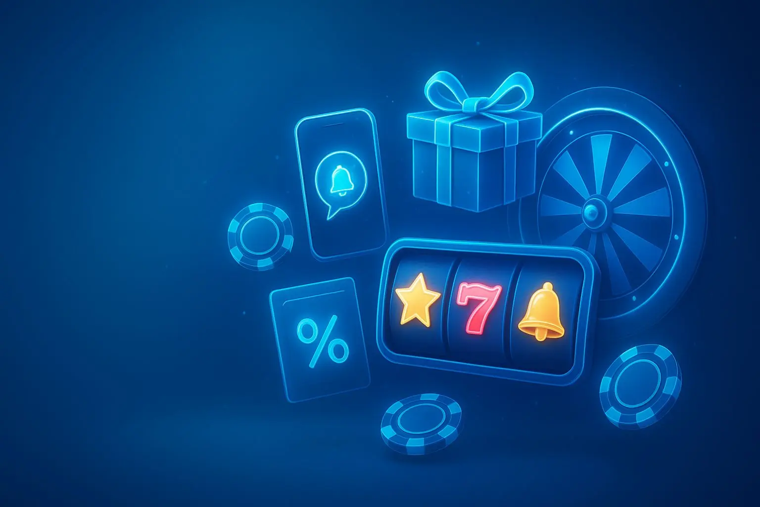 Blue themed banner with loyalty offer visuals, chips, wheel and promo elements