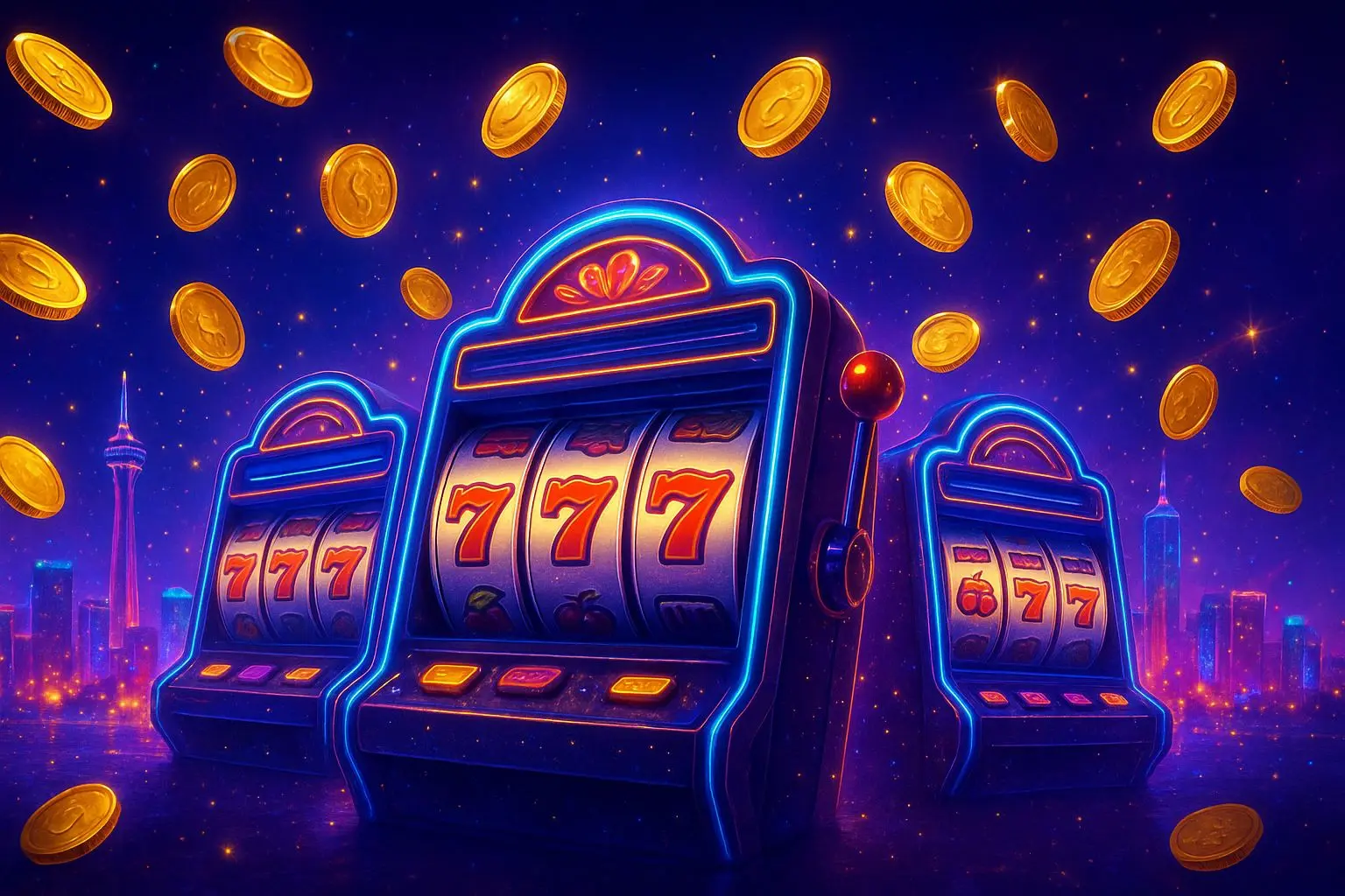 Vegas-style night scene with slot machines and flying gold coins
