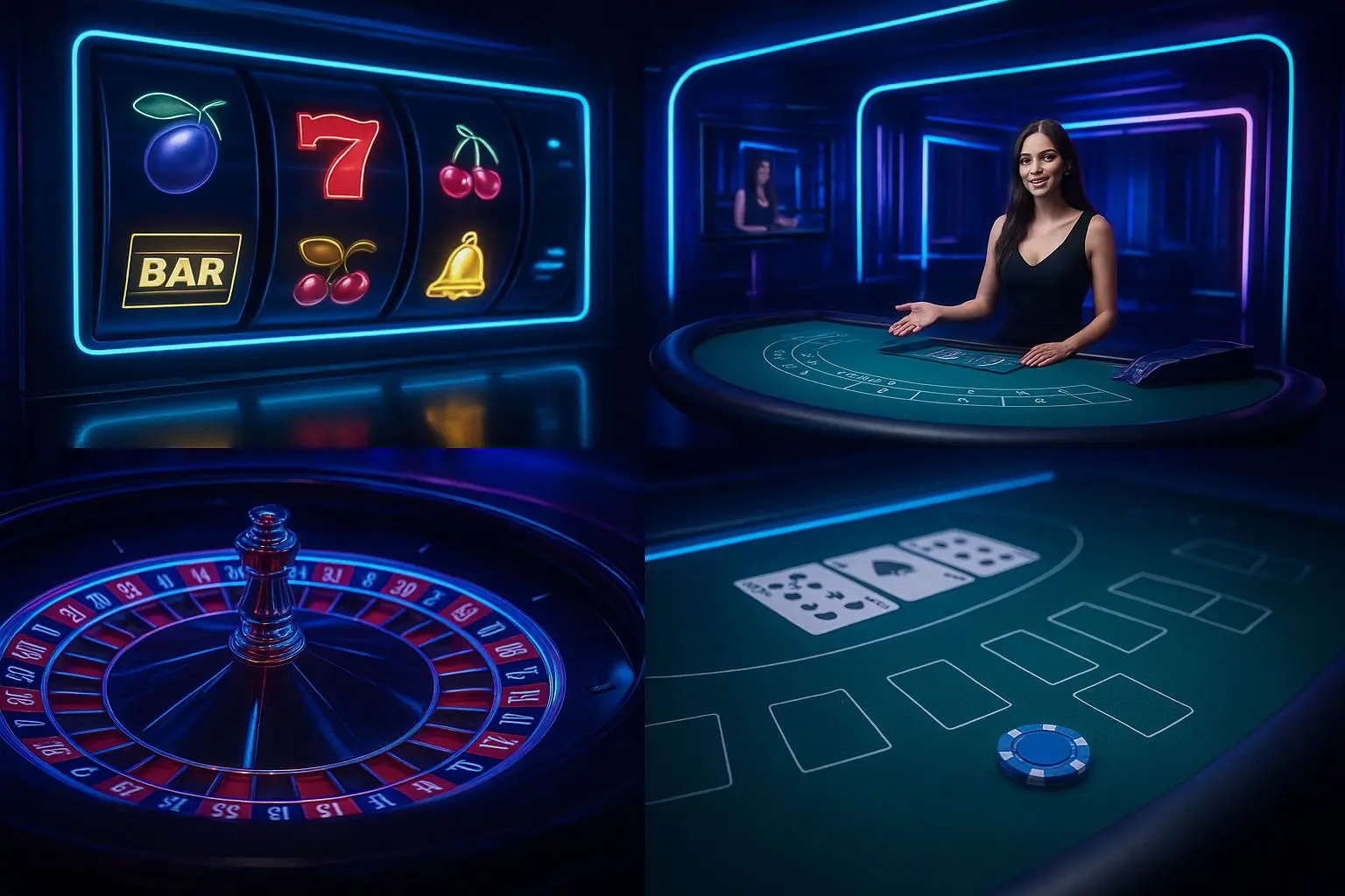 Modern online gaming lobby with reels, roulette, card table and live studio screens