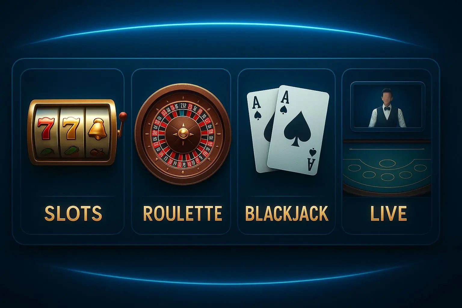 Illustration of slot, roulette, blackjack and live game categories