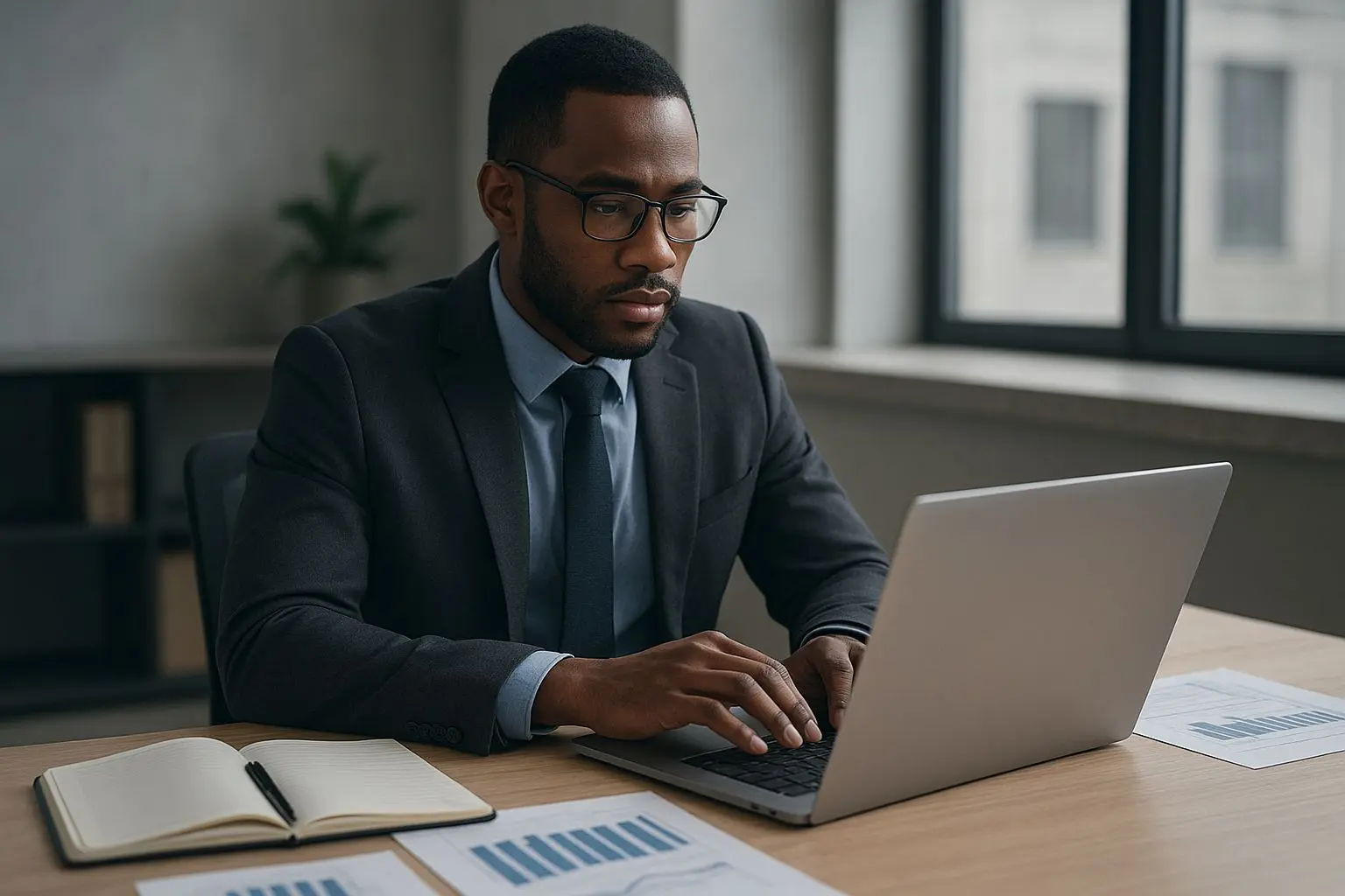 Fictional analyst reviewing bonus terms on a laptop in a professional setting