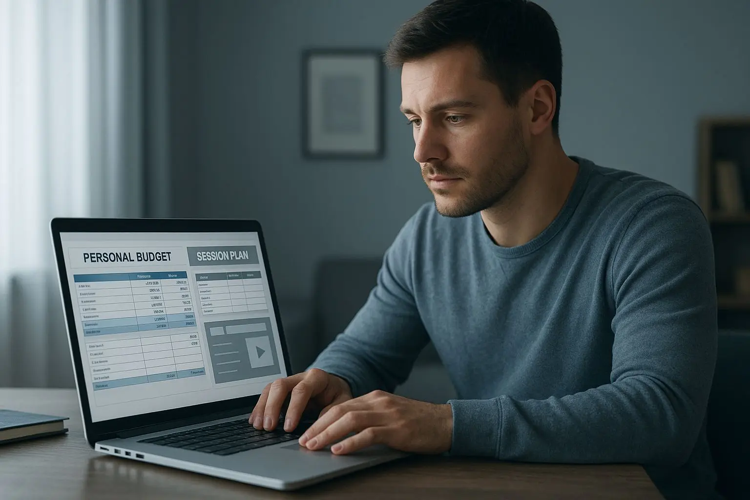Player calmly managing a session budget and bonus plan on a laptop