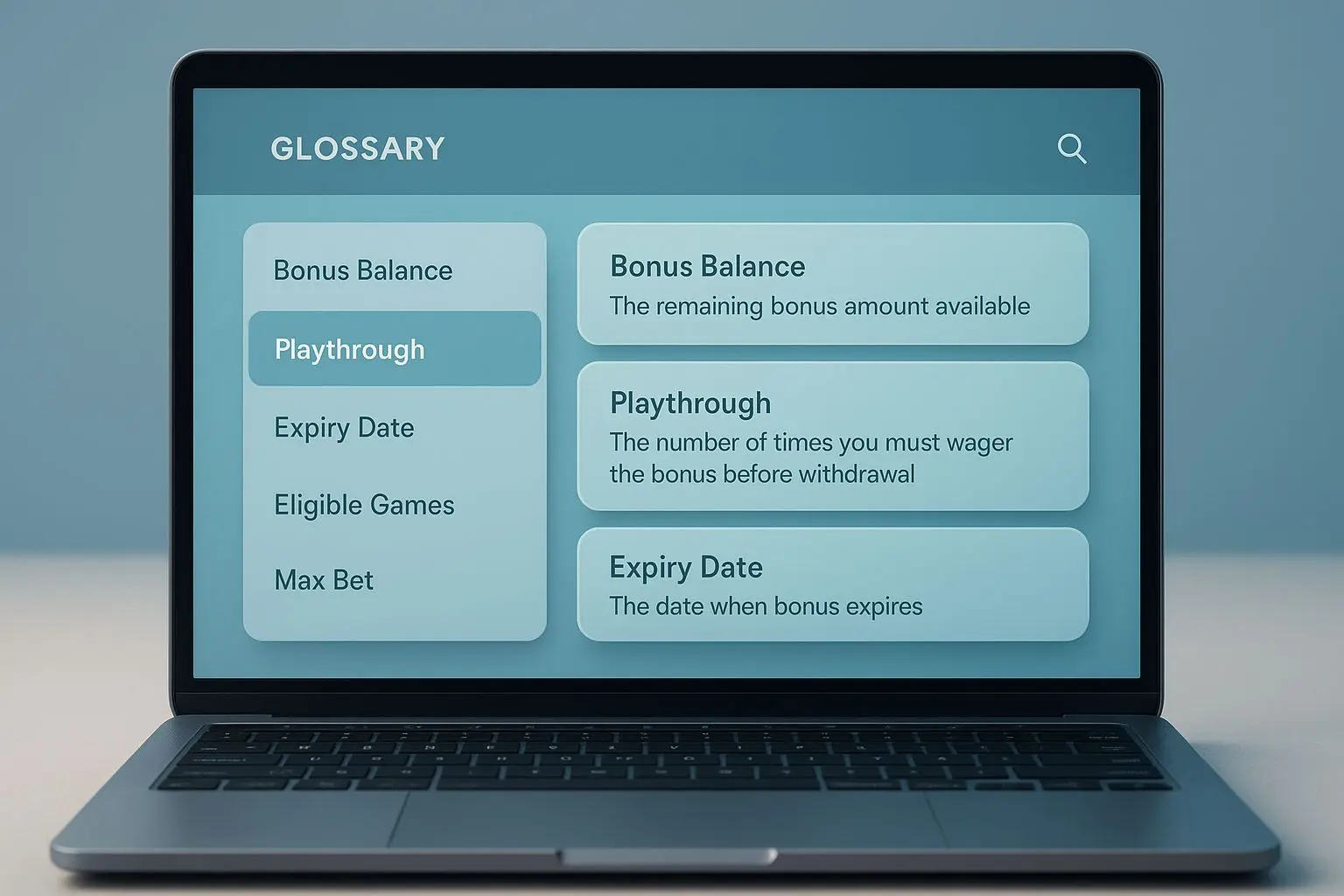 Glossary-style screen explaining bonus terms in a simple visual format