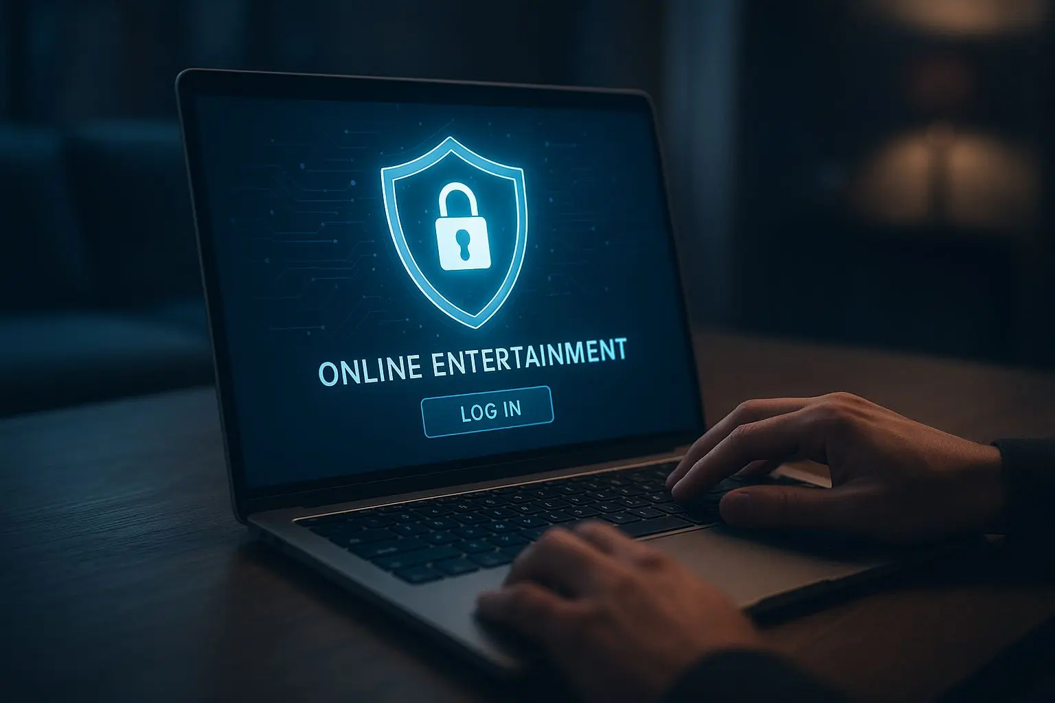 Player using laptop with secure login shield symbol