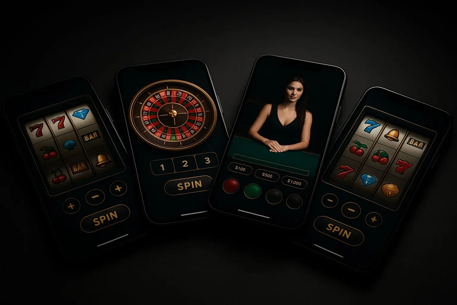 Collage of smartphone screens with mobile slots, roulette, and live table interfaces