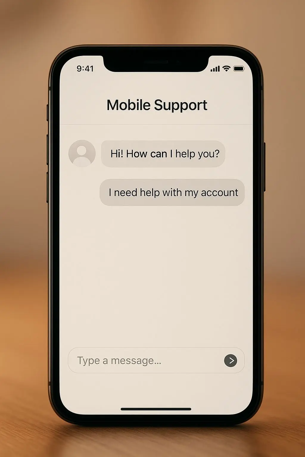 Mobile support chat interface on a smartphone screen