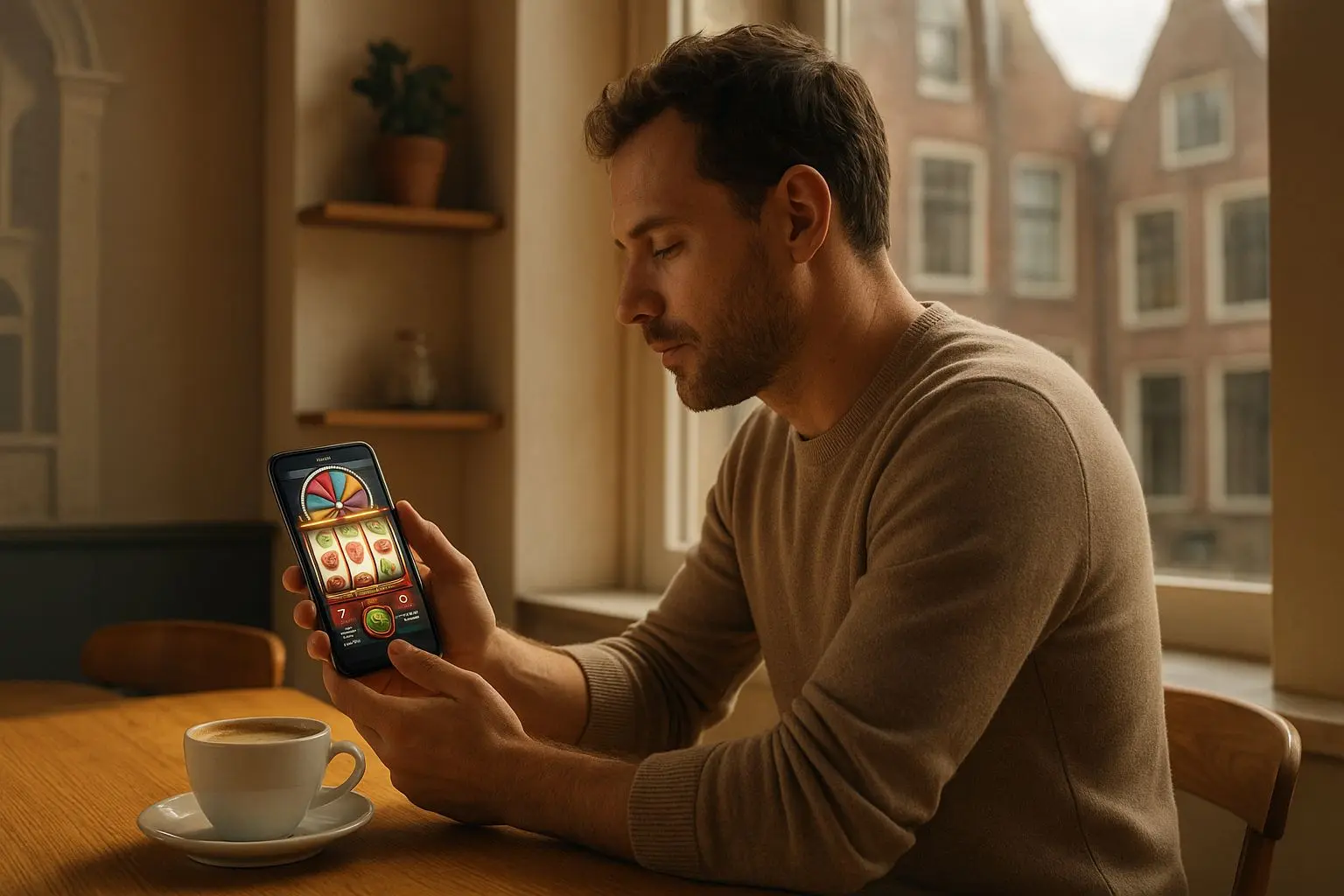 Person using a smartphone entertainment platform in a Dutch home setting