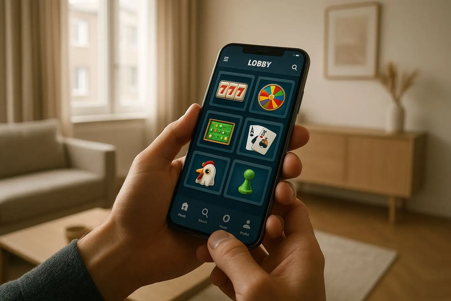 Smartphone showing a mobile gaming lobby in a modern Dutch interior