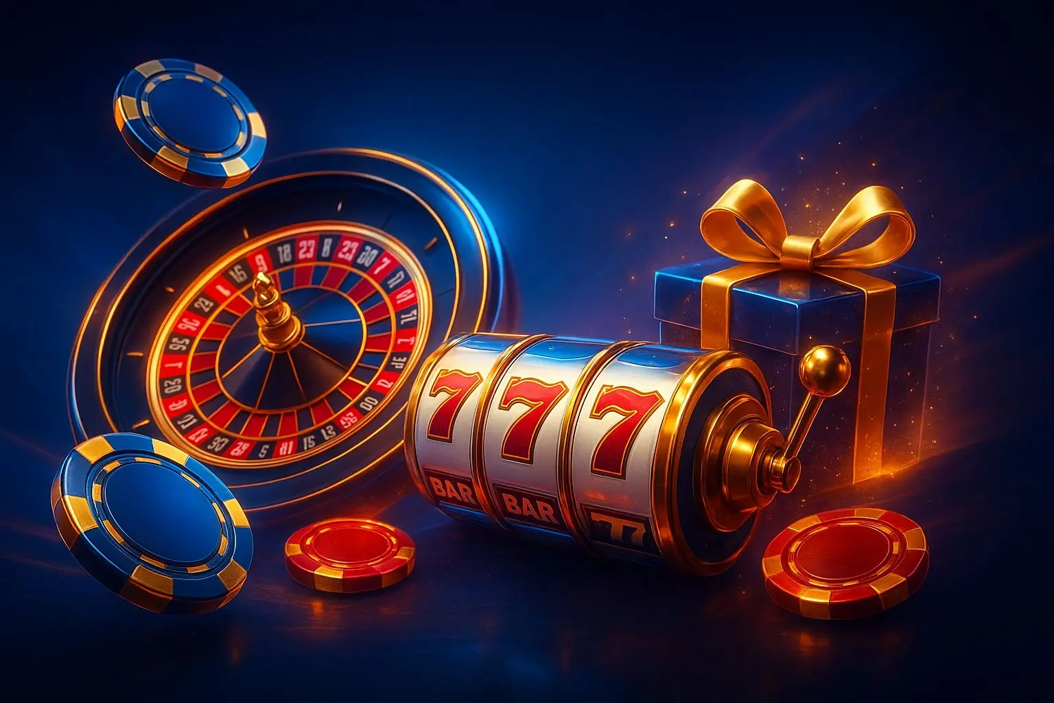 Welcome-themed hero banner with chips, wheel and slot-style elements
