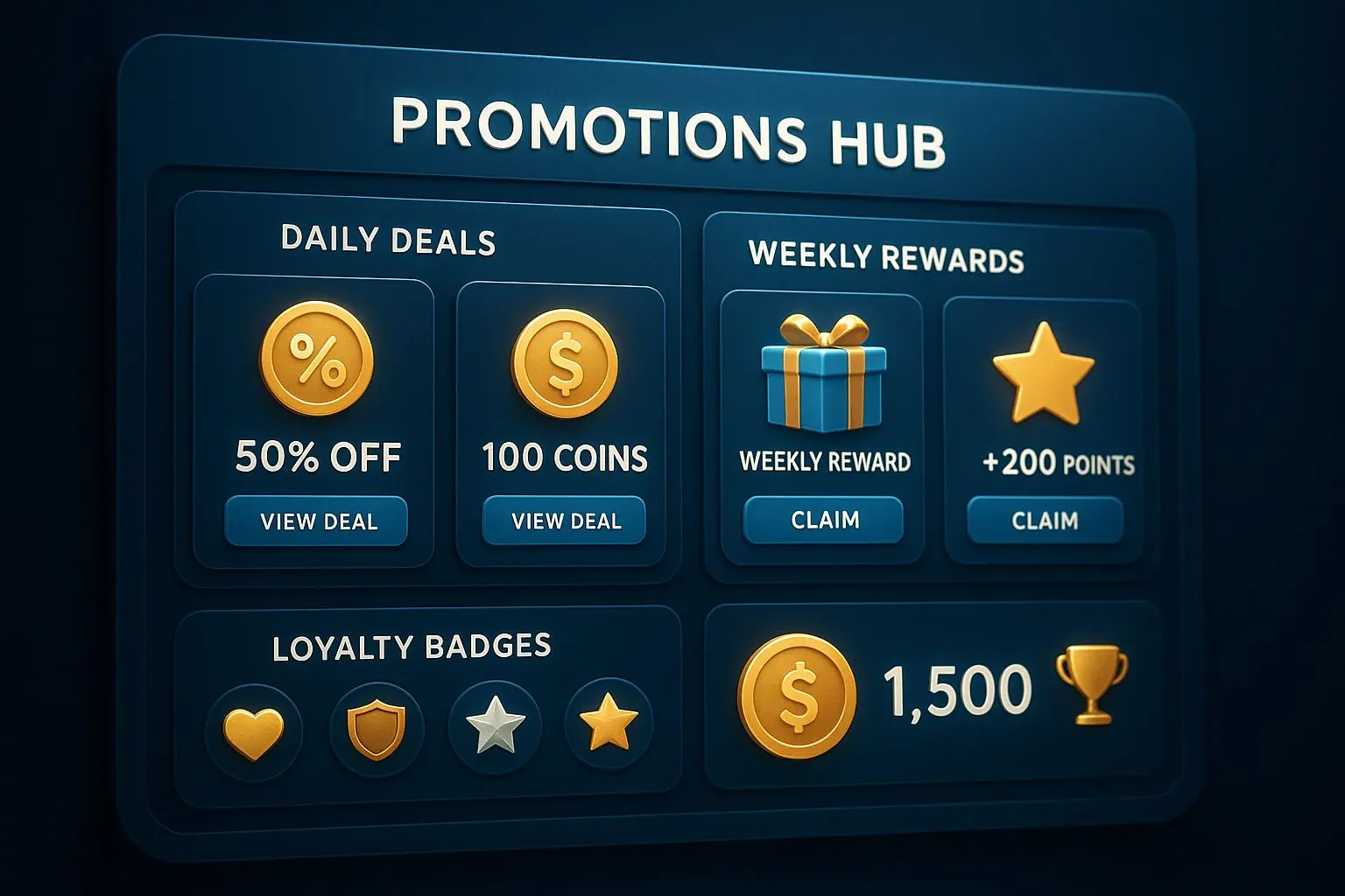 Promotions hub illustration with daily and weekly reward tiles
