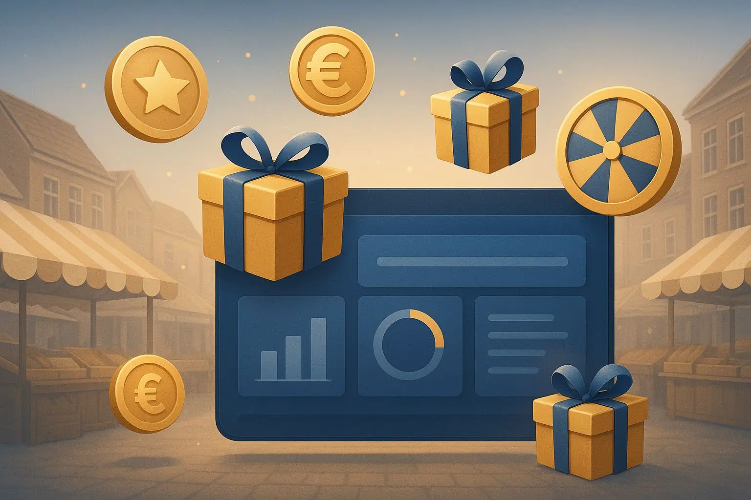 Overview illustration of online reward offers with coins and gift icons