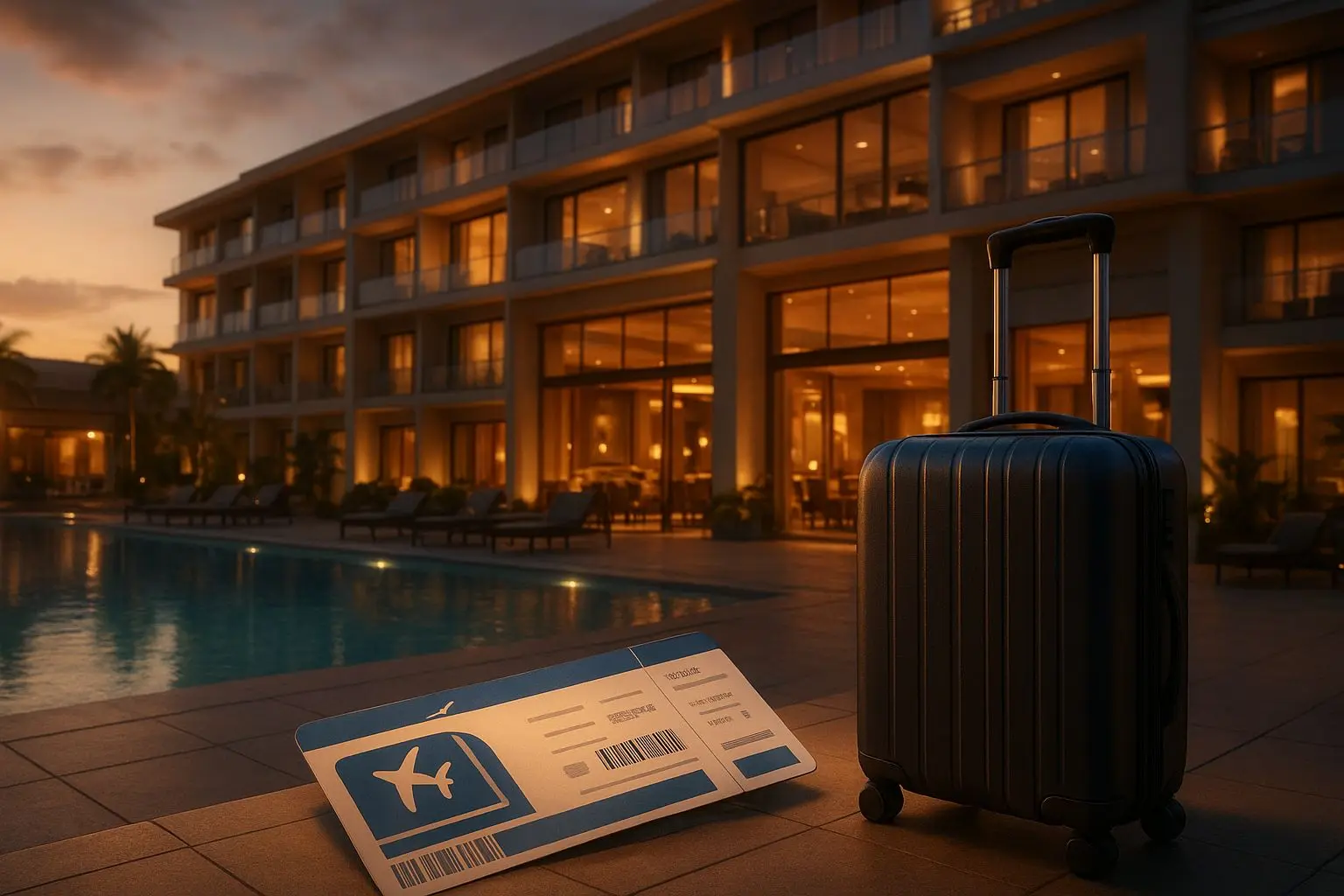 Indigo Sky stay and play travel package banner with hotel, travel, and entertainment atmosphere