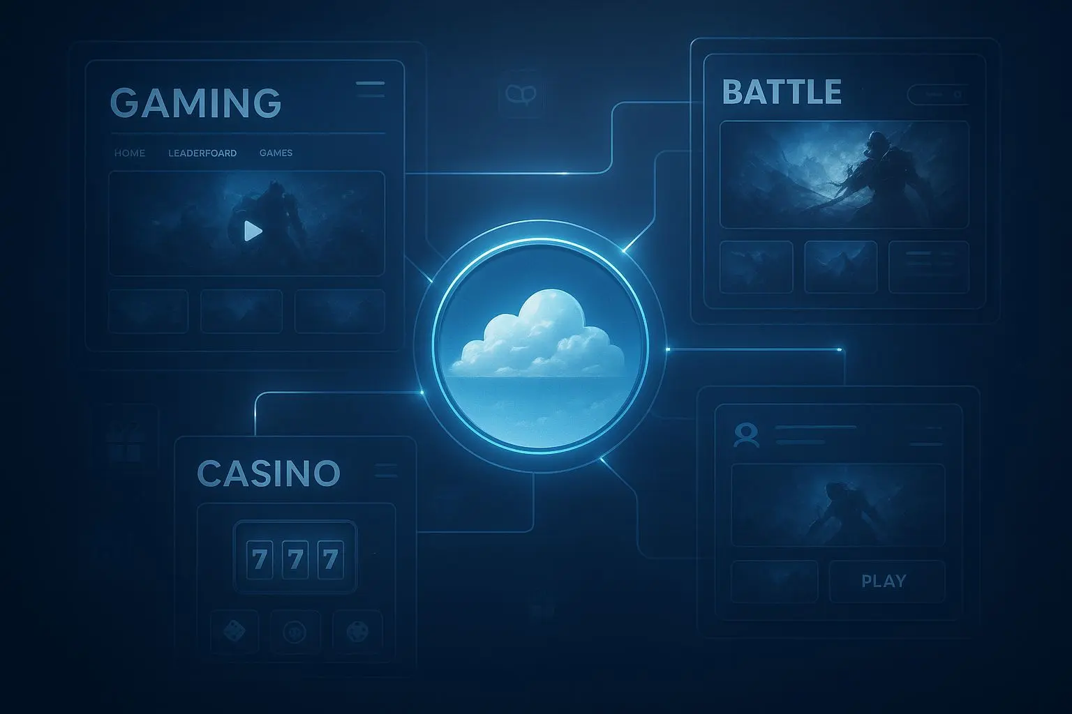 Connected sister site interfaces around a central sky-themed brand