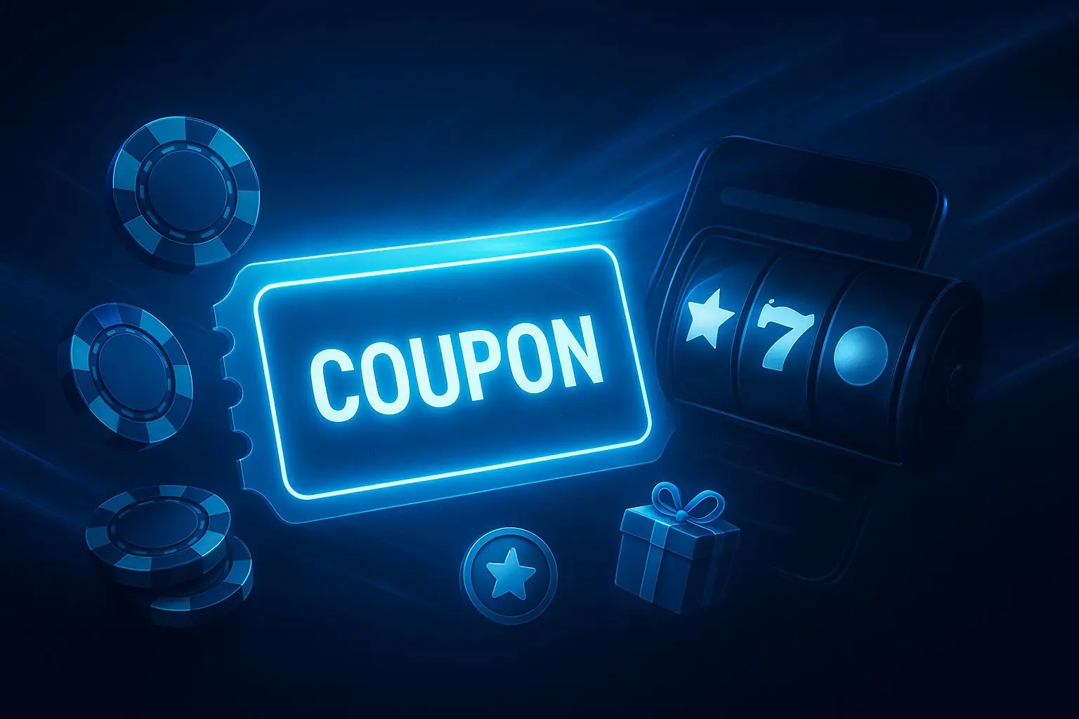 Blue promo-themed banner with reward icons, chips and slot interface elements