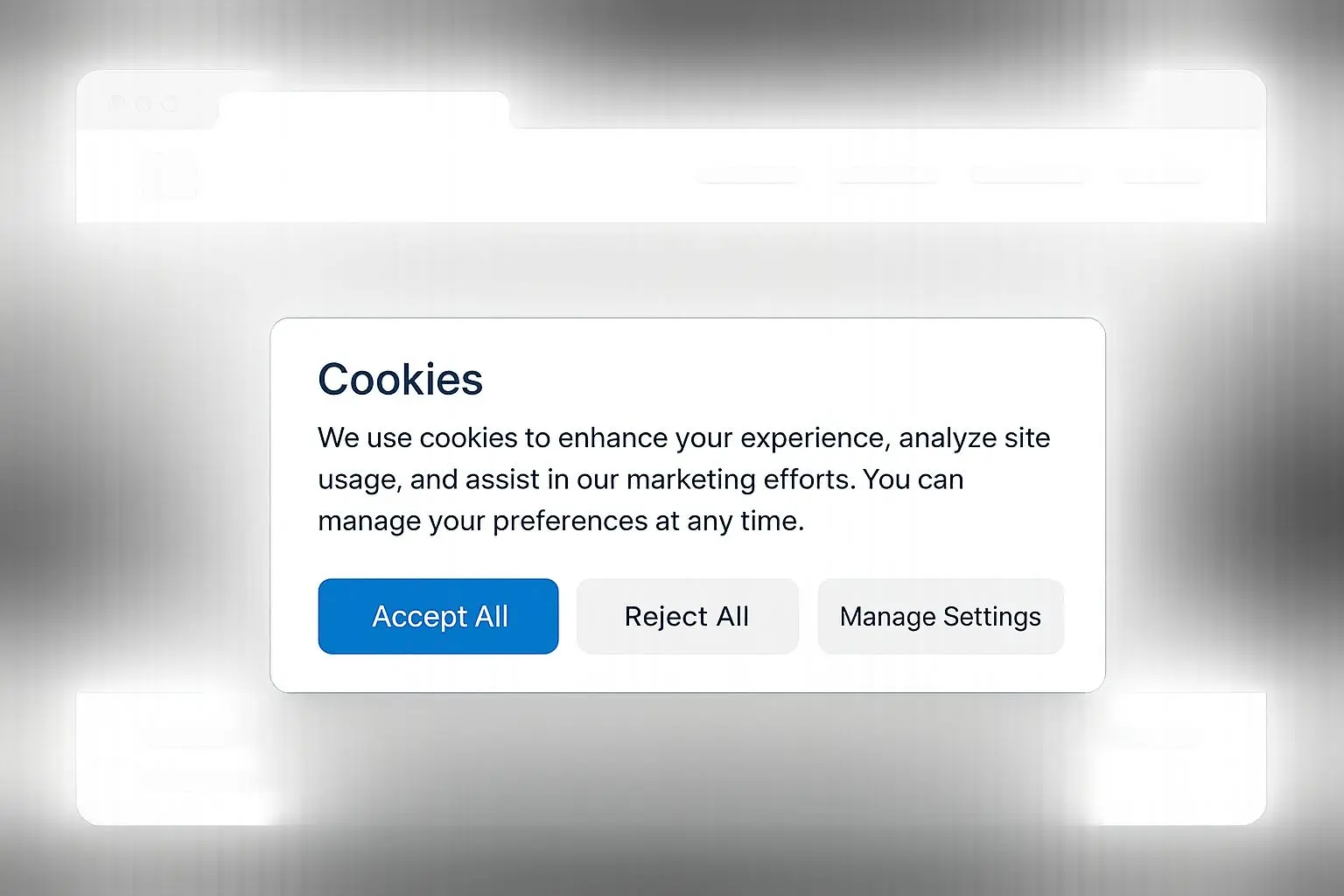 Cookie banner example with accept, reject and manage settings buttons