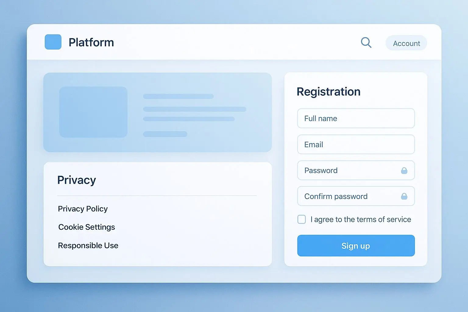 Interface example showing privacy links in registration, account menu and footer