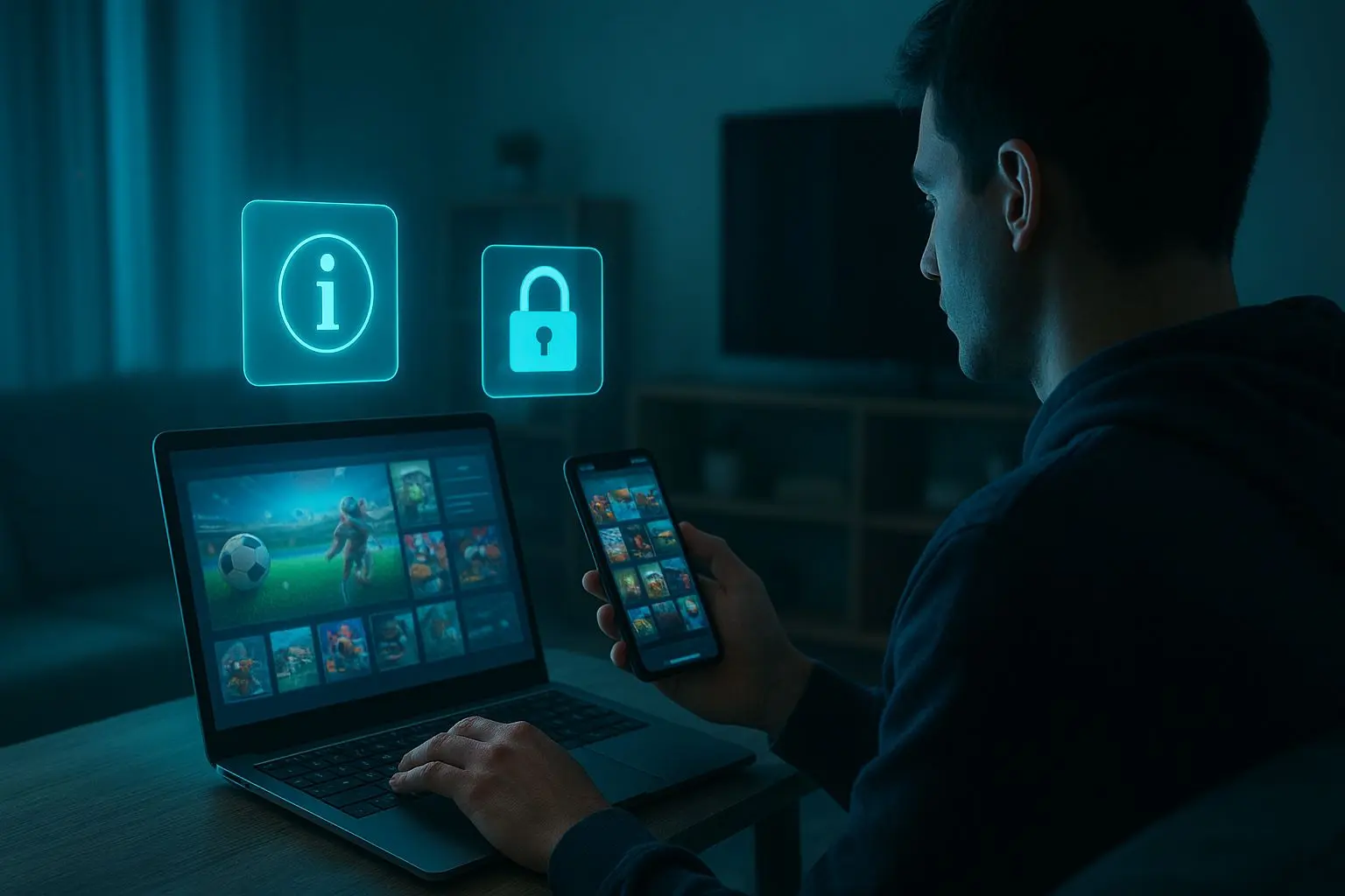 Player using laptop with privacy and information icons over a gaming-style interface
