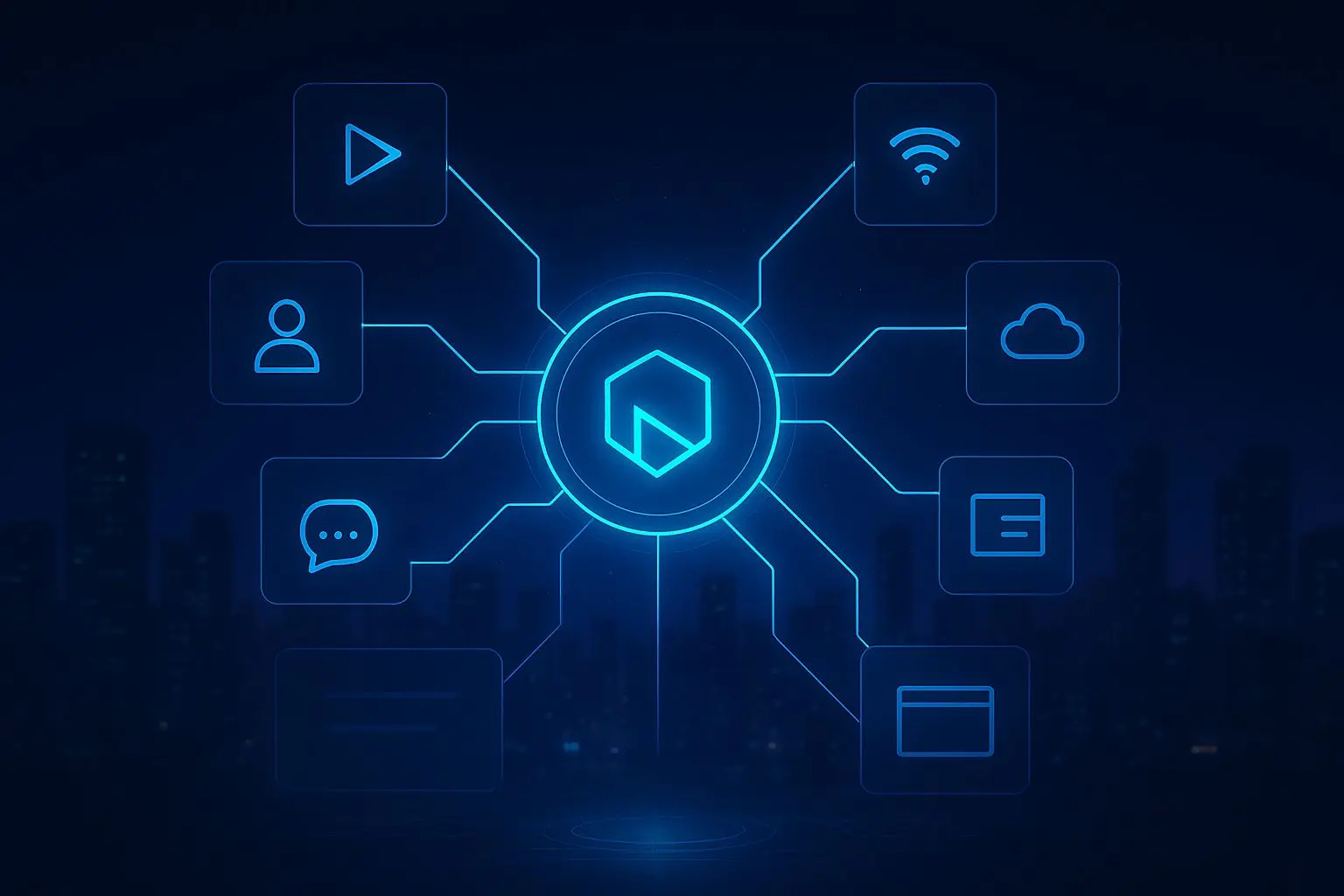 Neon network visual with a central brand hub and connected sister site icons