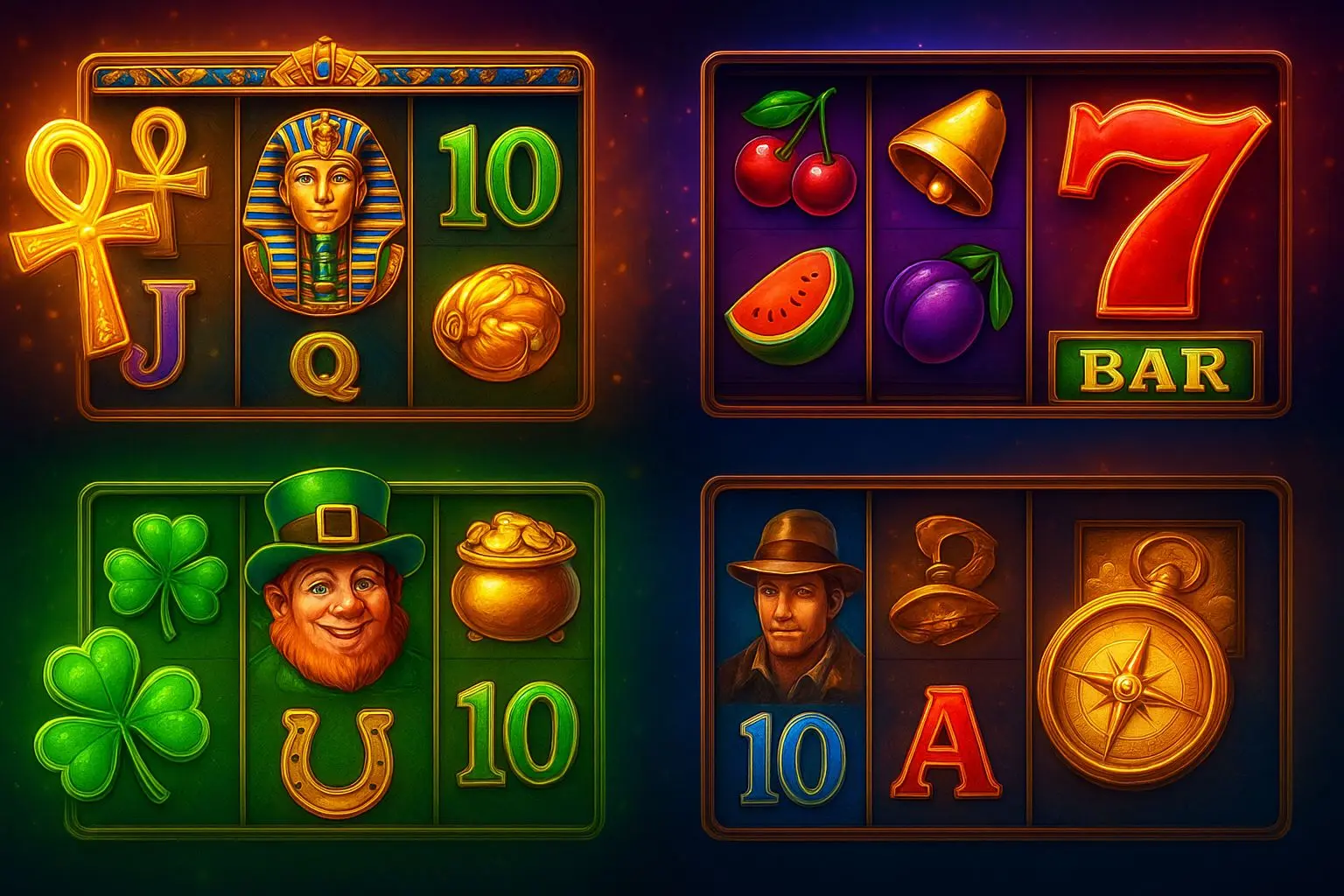 Collage of Egyptian, fruit, Irish and adventure slot themes