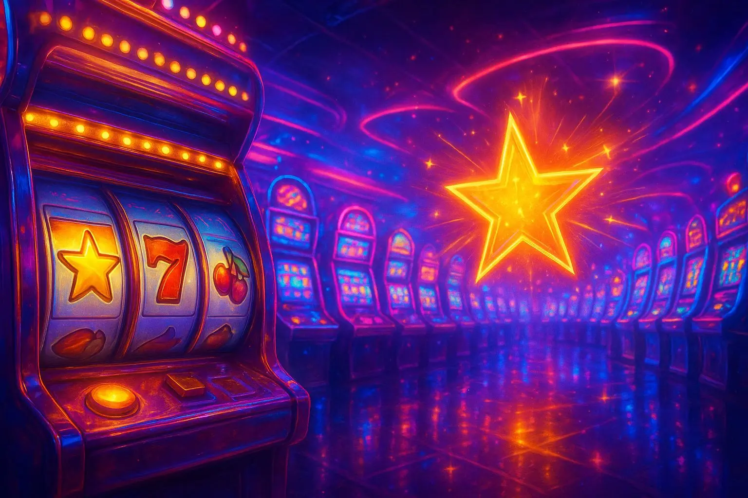 Vegas-style slot hall with neon lights and glowing reels