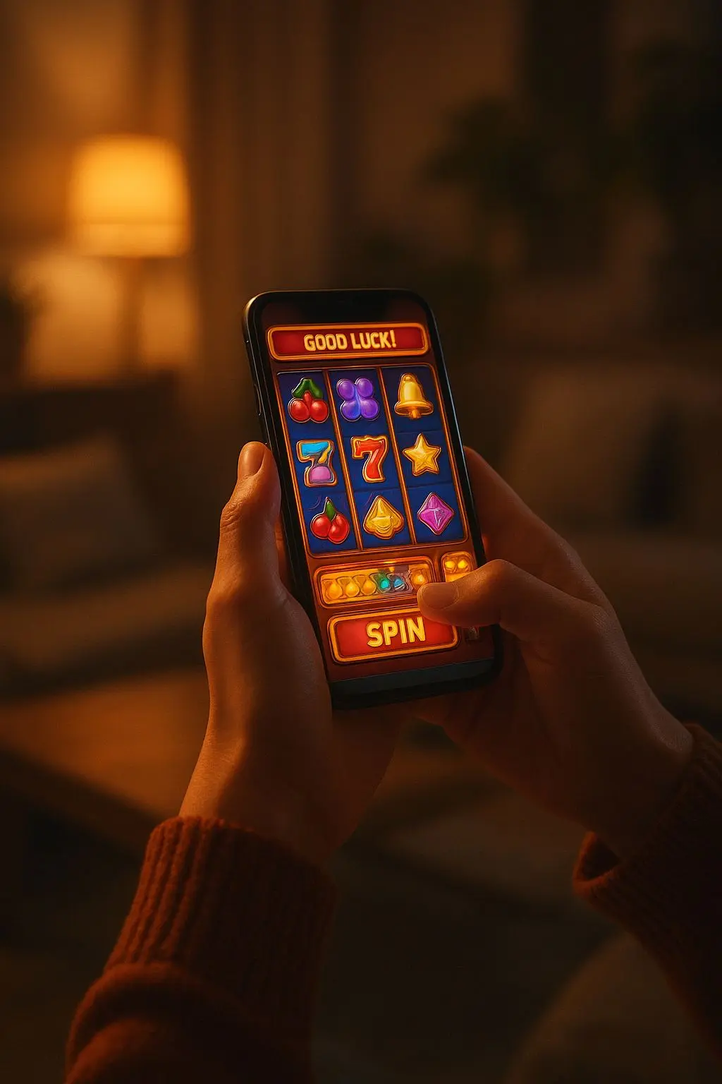 Person playing slot-style game on a smartphone