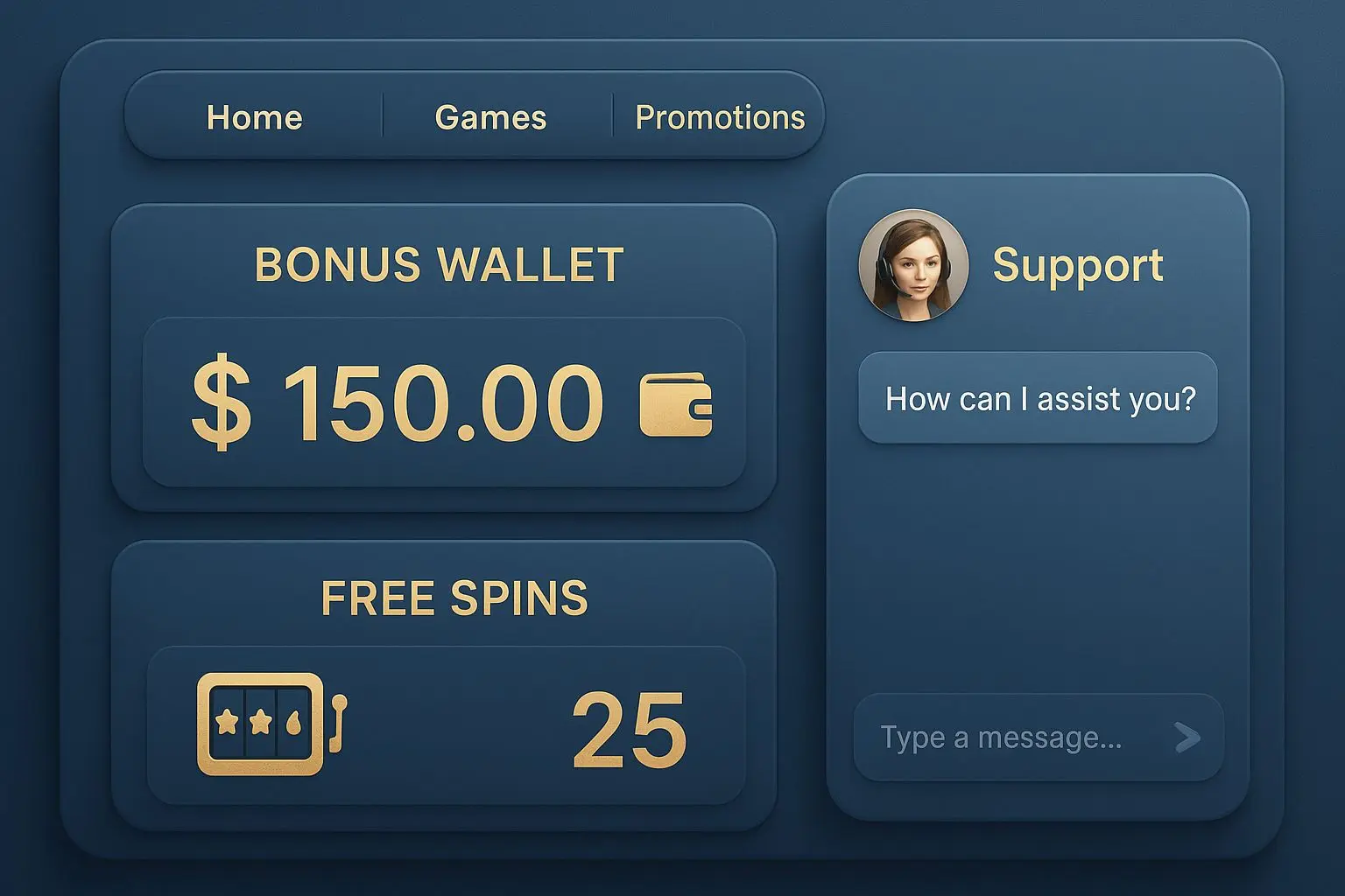 Account screen with bonus section and support chat window