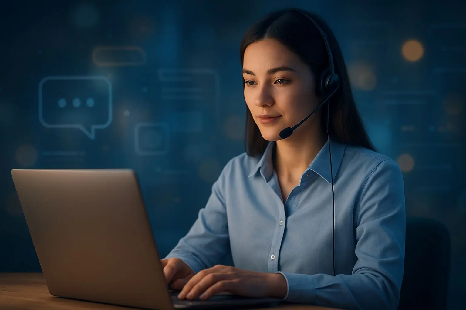 Friendly online support operator with secure chat interface background