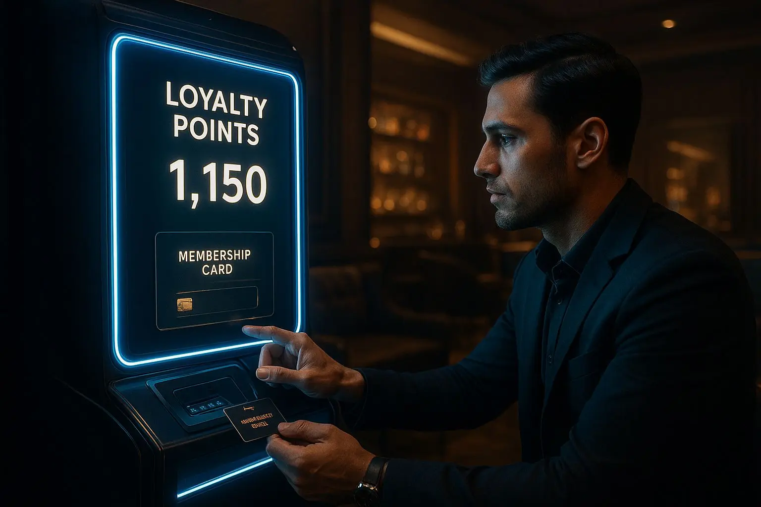 Player earning loyalty points with a rising points display in a premium gaming setting
