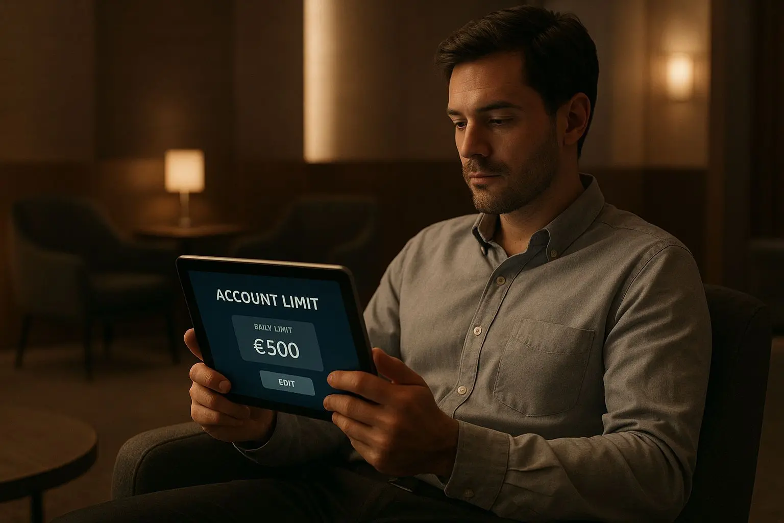 Responsible VIP player reviewing account limits in a calm premium setting
