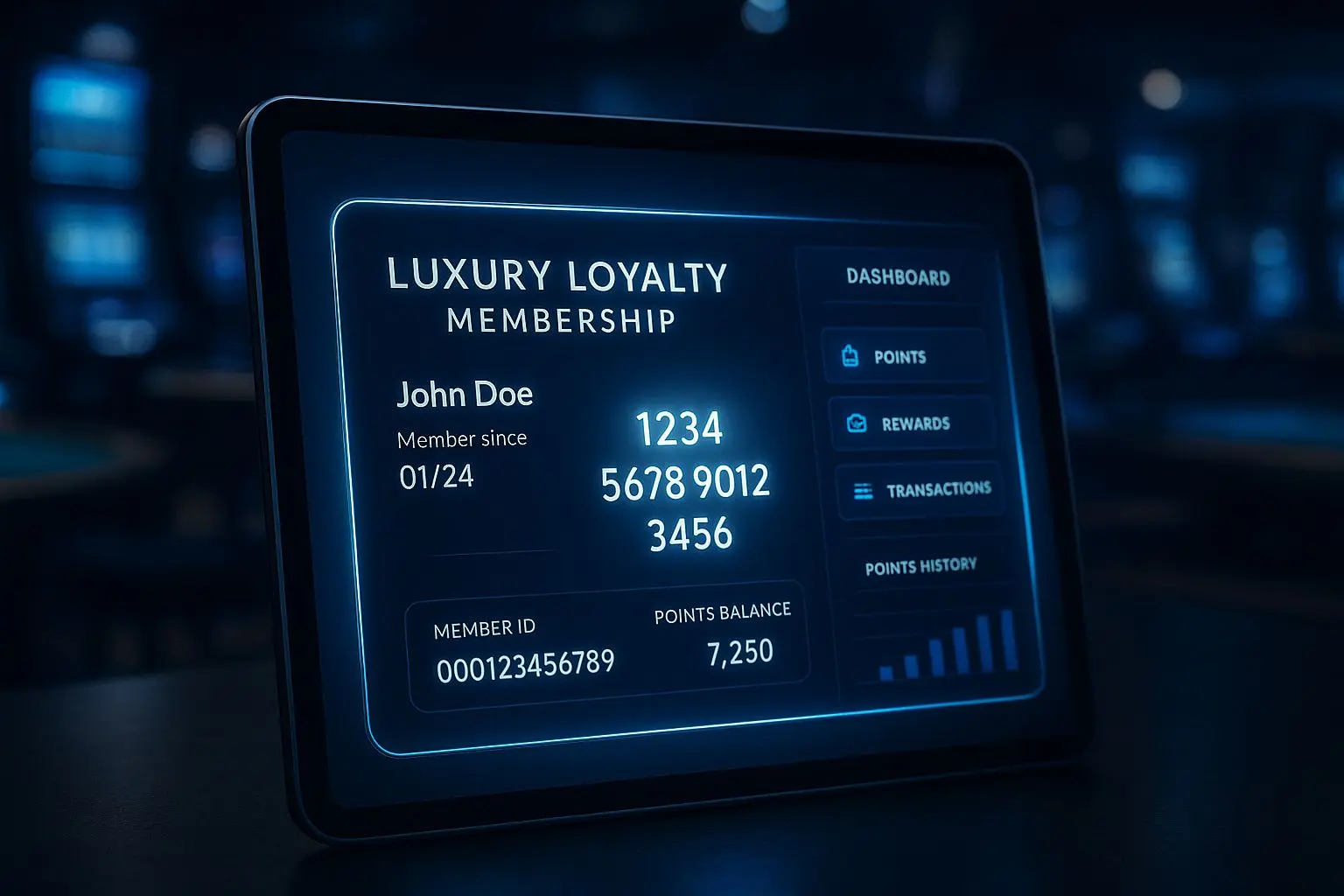Digital players club card and loyalty dashboard in a premium gaming lounge